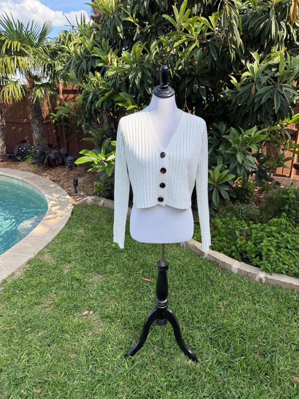 Cropped Cream Cable-Knit Button Cardigan